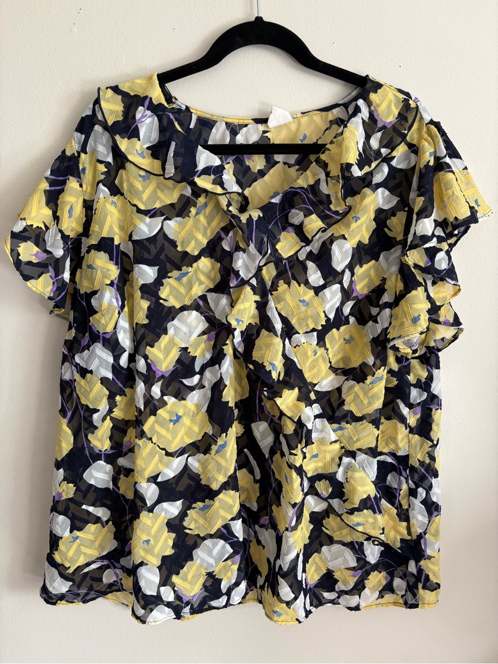 DC Women's Yellow, Black & White Floral Ruffle Sleeve Blouse